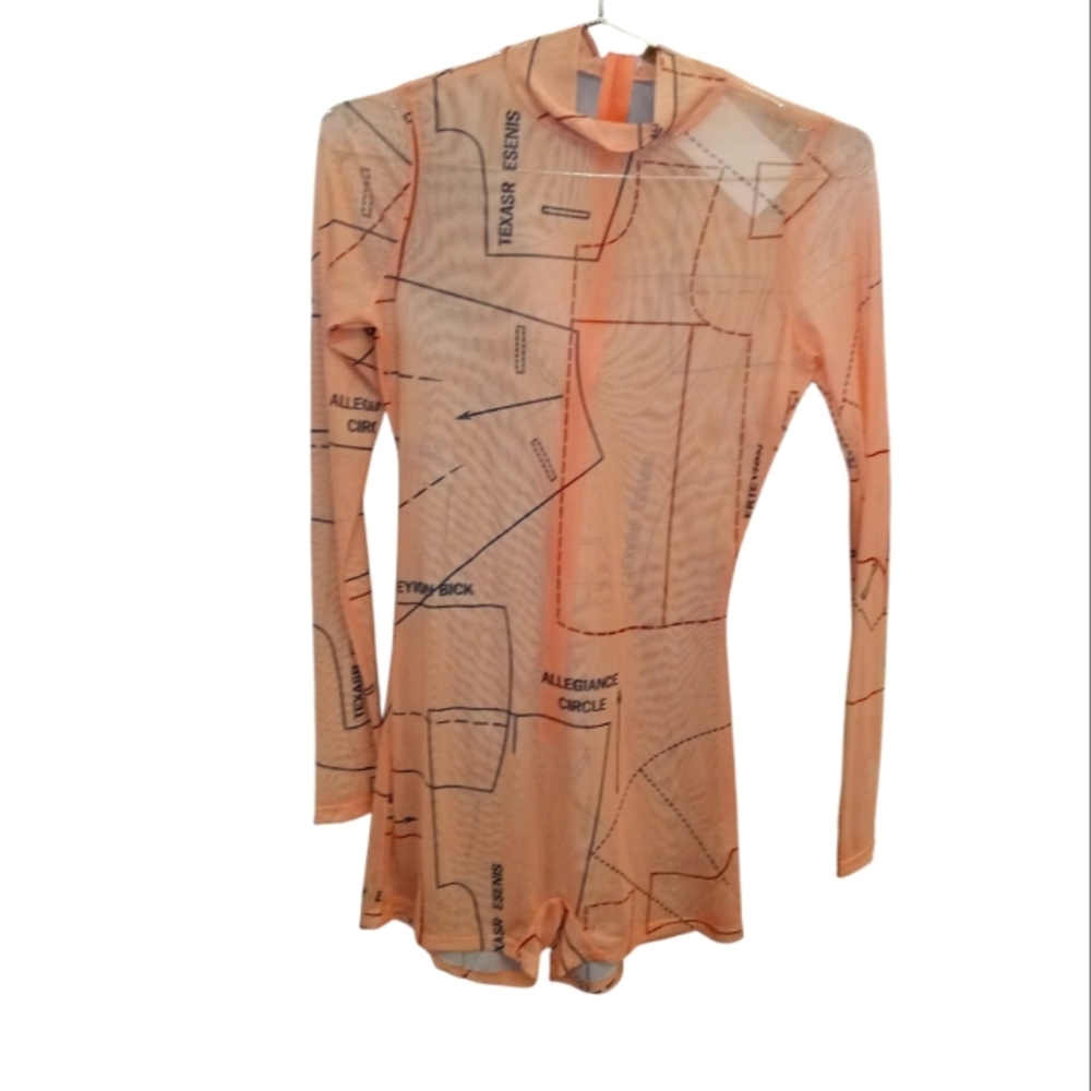 Posh By V Orange Sheath Romper with Mock Neck and Long Sleeves